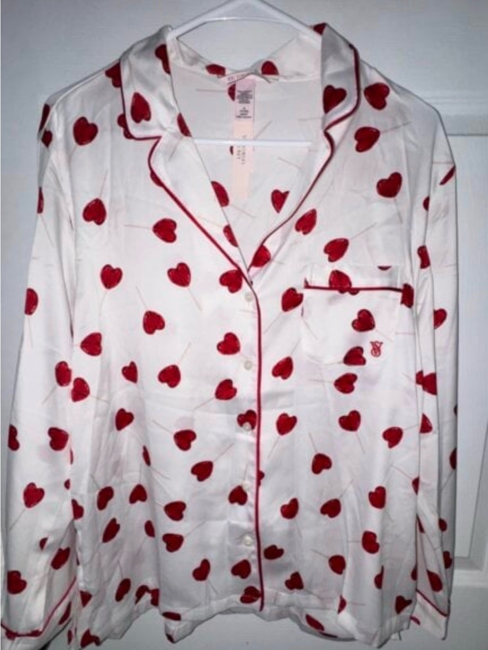 Victoria secret Heart-Print Satin Pajama Top - White with Red Hearts